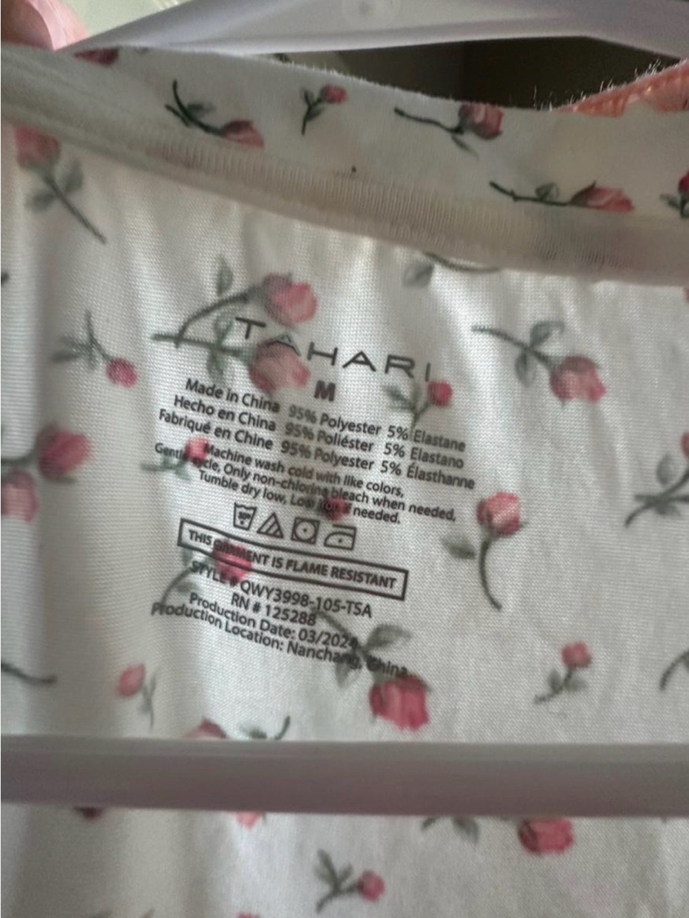 Tahari Cream Sleep Top with Pink Rose Print